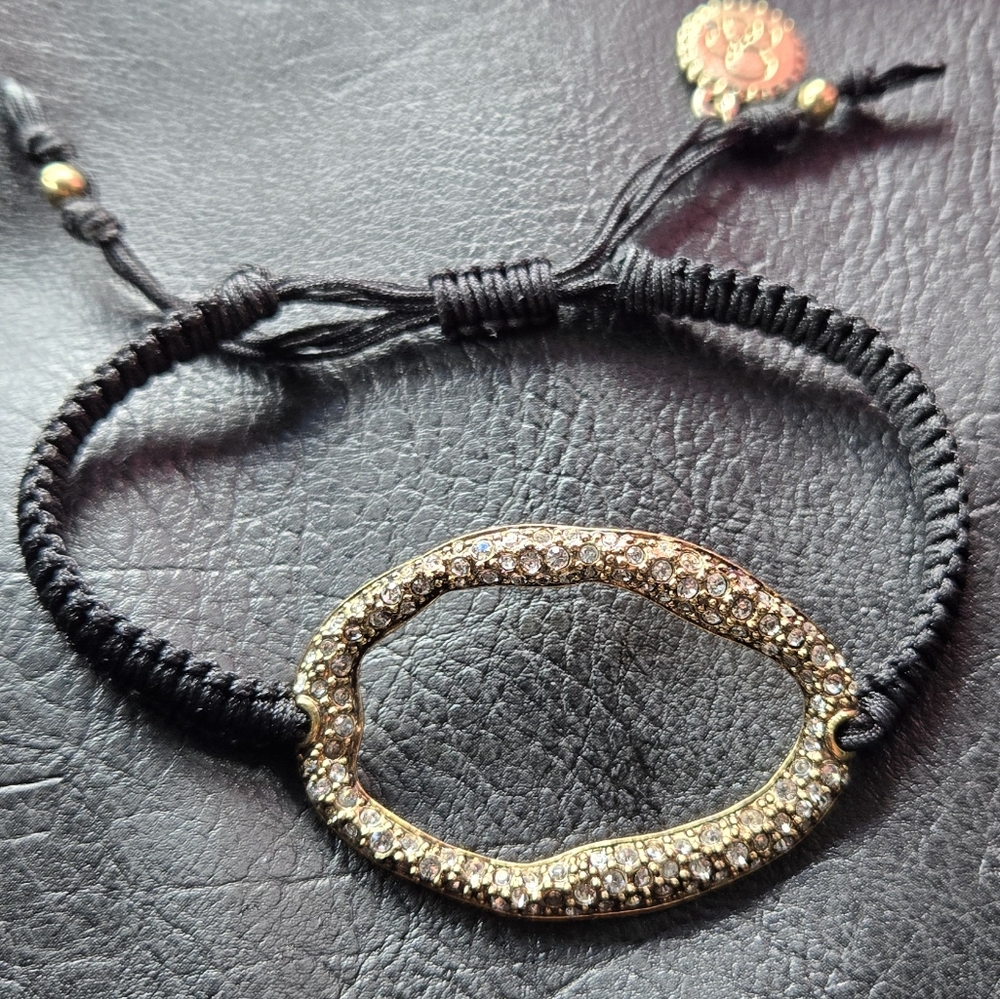 Jessica Simpson Rhinestone Macrame Bracelet Black Cord Gold Tone Adjustable